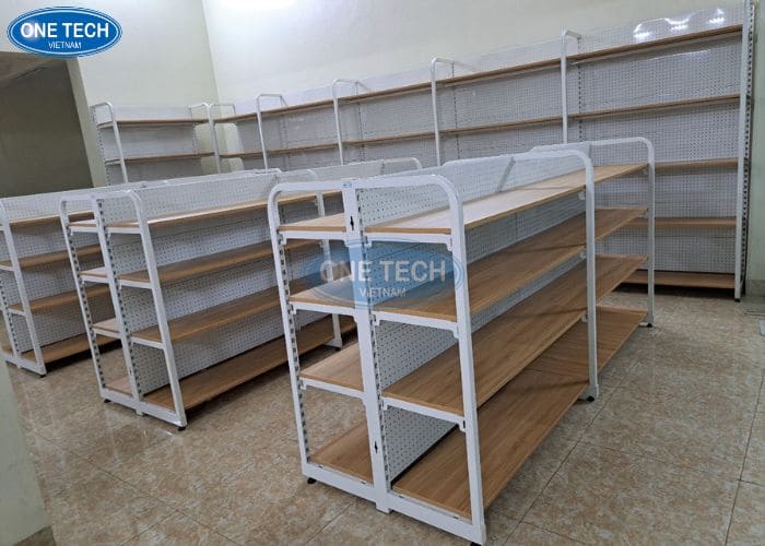 Giá kệ bày hàng Bến Tre khung sắt mặt gỗ